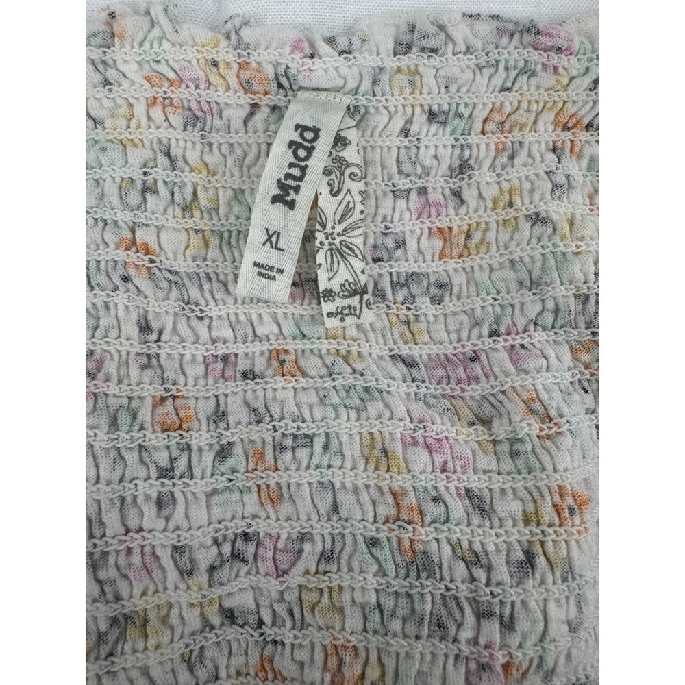 Mudd Womens XL White Floral Smocked Top Short Sleeve Faux Button Square Neck - Picture 6 of 7